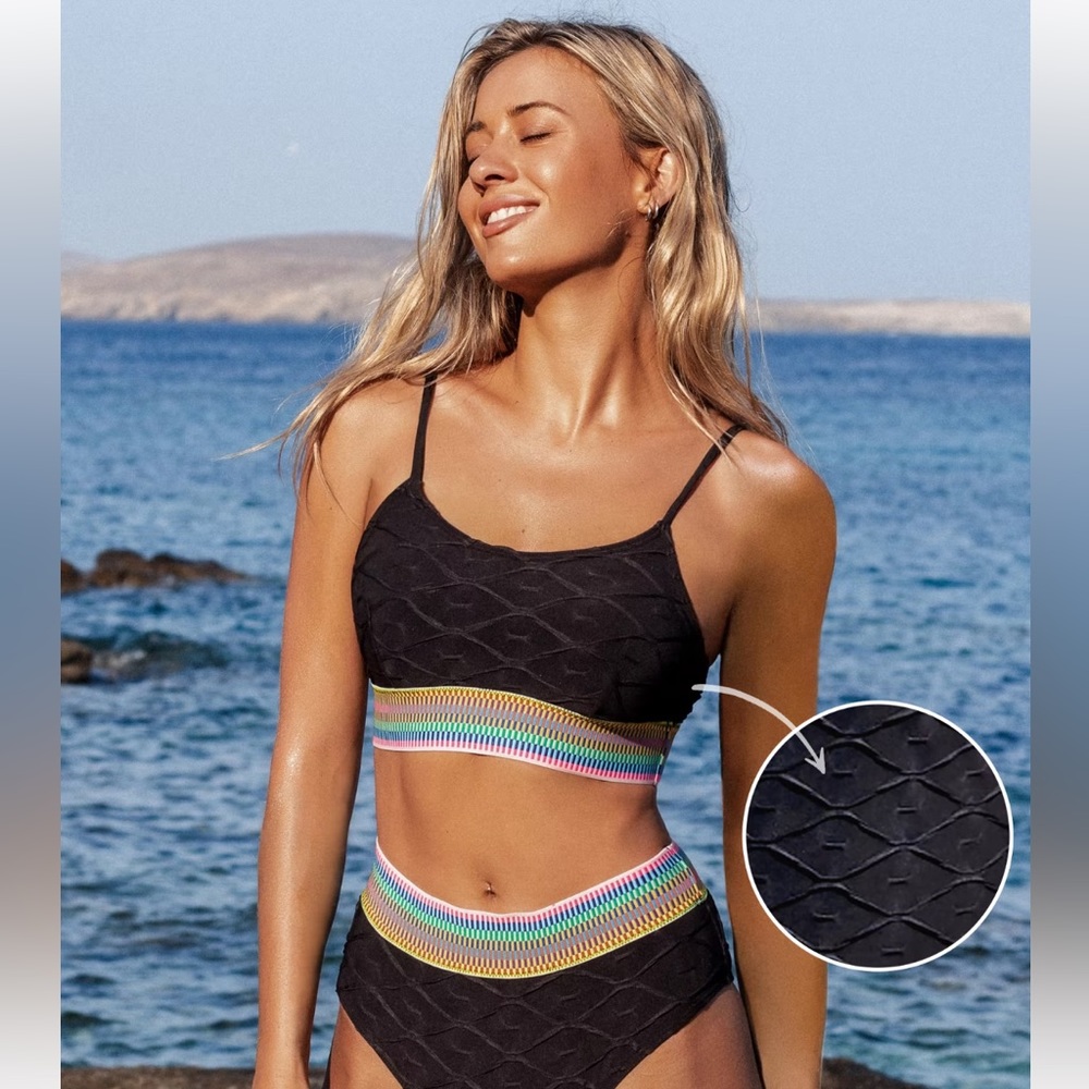 Cupshe black rainbow band high waisted bikini